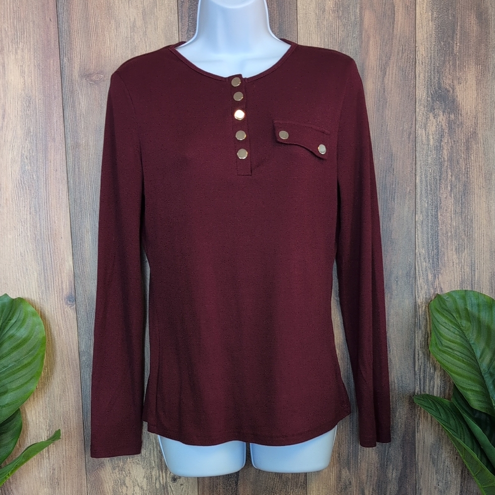 SHEIN Maroon Buttoned Long Sleeve Knit Top S              C617